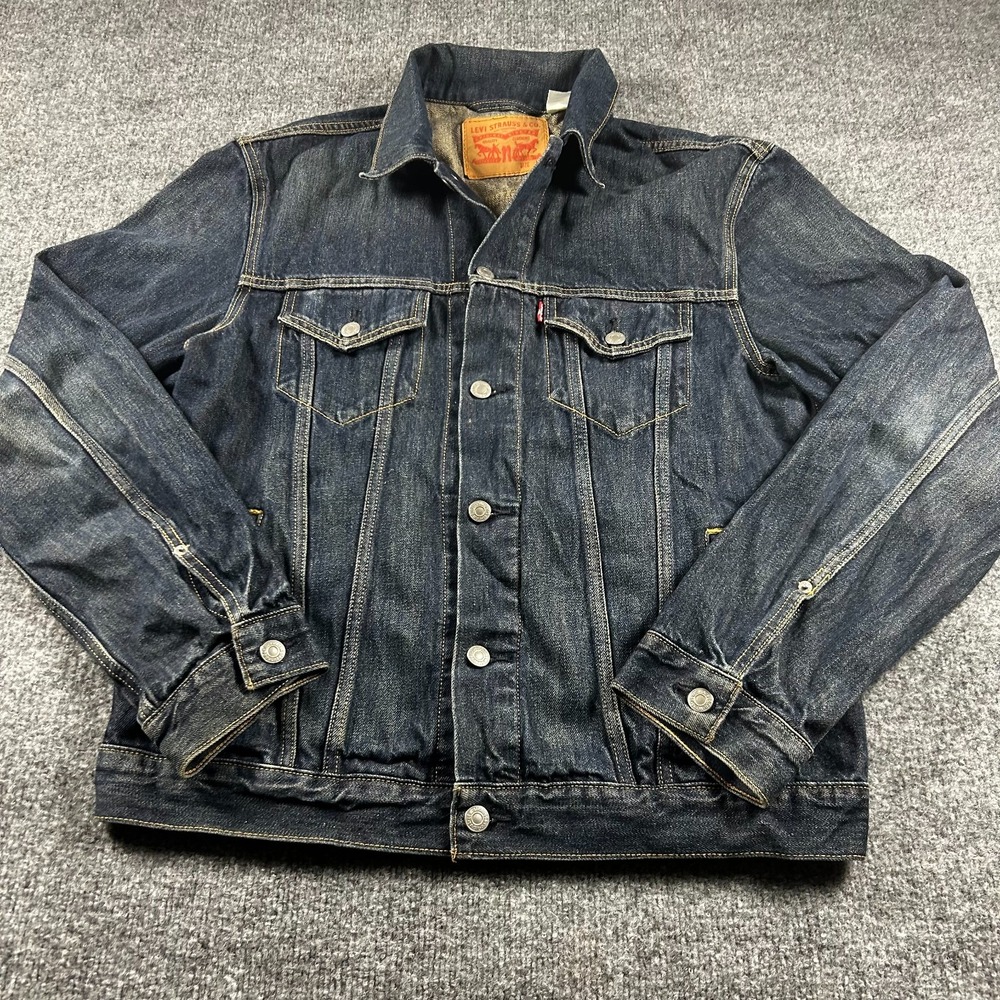 Levis Denim Trucker Jacket Mens Large Dark Wash Blue Red Tab Button Up Jean Coat